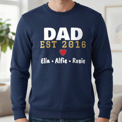 Personalised Dad Est. T-Shirt With Kids Names Sweatshirt in Navy, worn, our photo