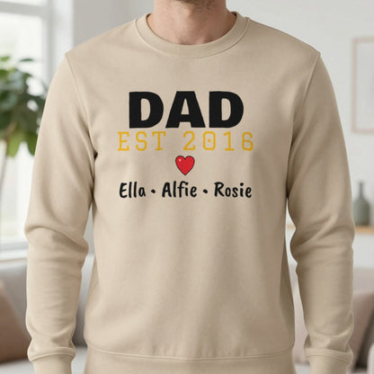 Personalised Dad Est. T-Shirt With Kids Names Sweatshirt in Sand, worn, our photo