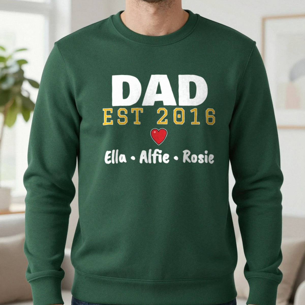 Personalised Dad Est. T-Shirt With Kids Names Sweatshirt in Forest Green, worn, our photo