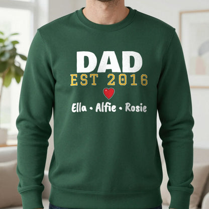 Personalised Dad Est. T-Shirt With Kids Names Sweatshirt in Forest Green, worn, our photo