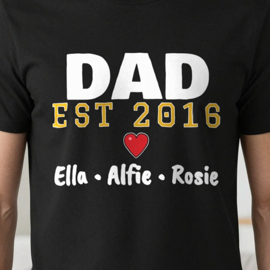 Personalised Dad Est. T-Shirt With Kids Names print close-up, our photo