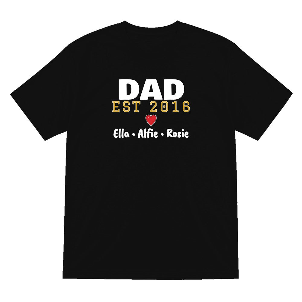 Personalised Dad Est. T-Shirt With Kids Names laid flat