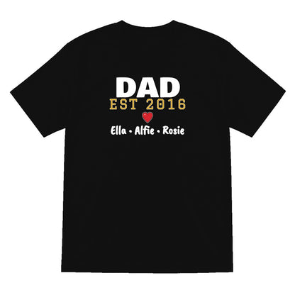Personalised Dad Est. T-Shirt With Kids Names laid flat