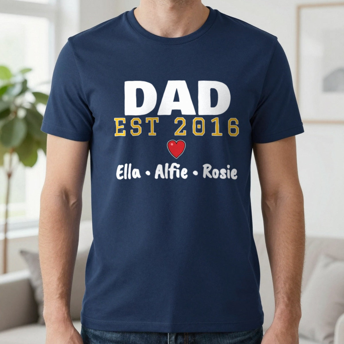 Personalised Dad Est. T-Shirt With Kids Names T-Shirt in Navy, worn, our photo
