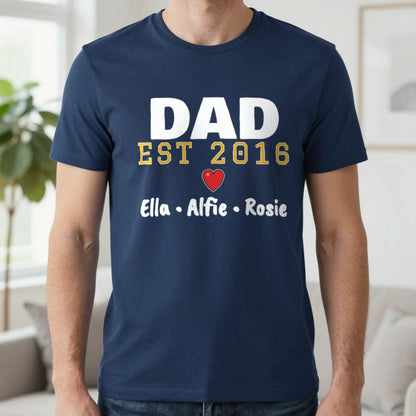 Personalised Dad Est. T-Shirt With Kids Names T-Shirt in Navy, worn, our photo