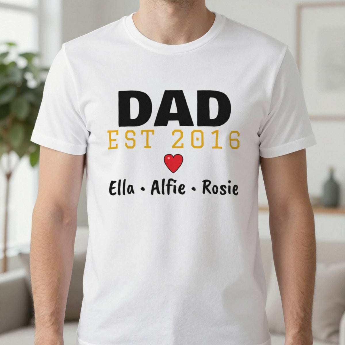 Personalised Dad Est. T-Shirt With Kids Names T-Shirt in White, worn, our photo