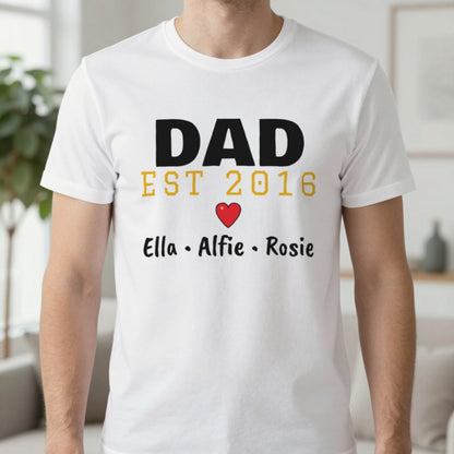 Personalised Dad Est. T-Shirt With Kids Names T-Shirt in White, worn, our photo