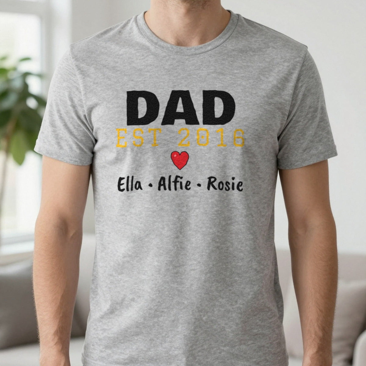 Personalised Dad Est. T-Shirt With Kids Names T-Shirt in Sport Grey, worn, our photo