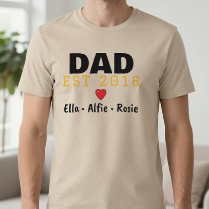 Personalised Dad Est. T-Shirt With Kids Names T-Shirt in Sand, worn, our photo