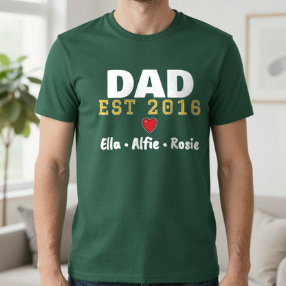 Personalised Dad Est. T-Shirt With Kids Names T-Shirt in Forest Green, worn, our photo