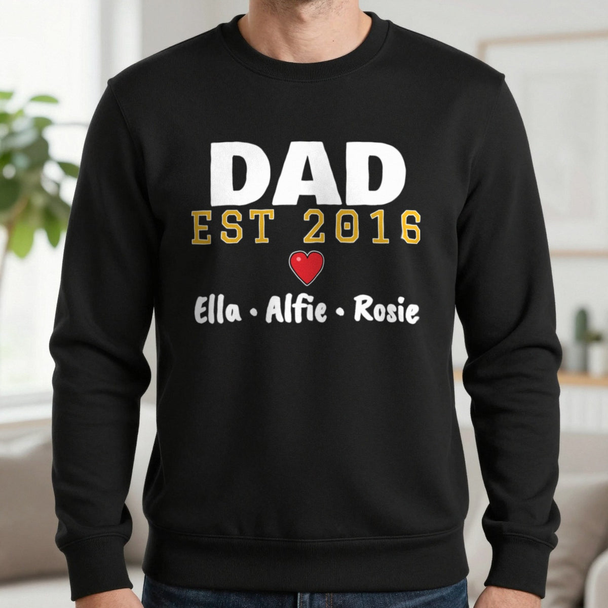 Personalised Dad Est. T-Shirt With Kids Names Sweatshirt in Black, worn, our photo