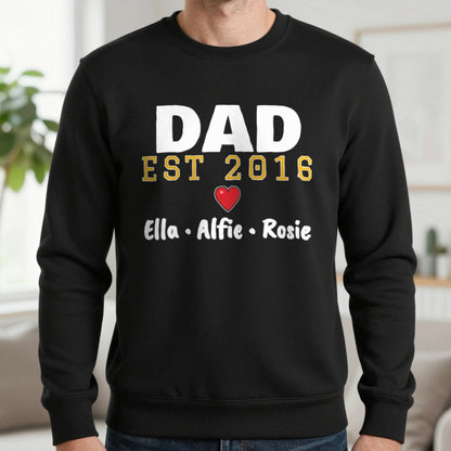 Personalised Dad Est. T-Shirt With Kids Names Sweatshirt in Black, worn, our photo