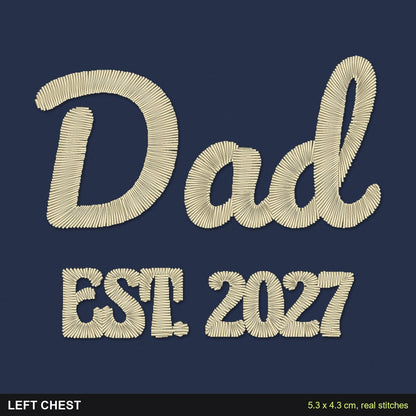 Dad Est. Sweatshirt: close-up of the real stitches with sizes