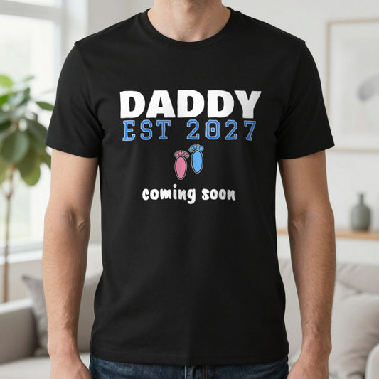 Personalised Daddy Est. 2027 T-Shirt T-Shirt in Black, worn, our photo