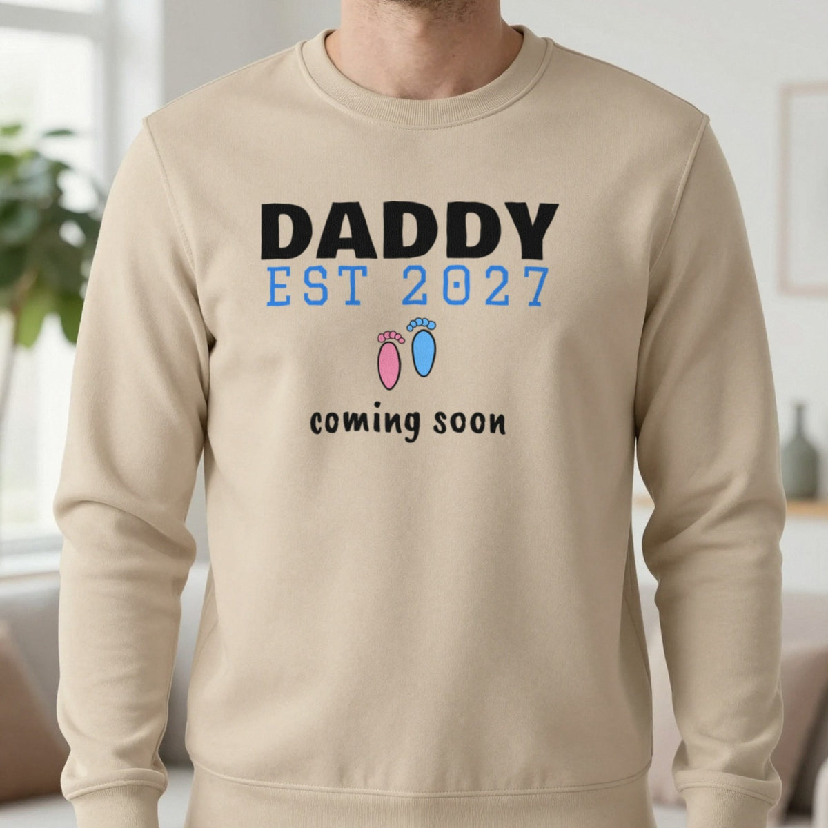 Personalised Daddy Est. 2027 T-Shirt Sweatshirt in Sand, worn, our photo