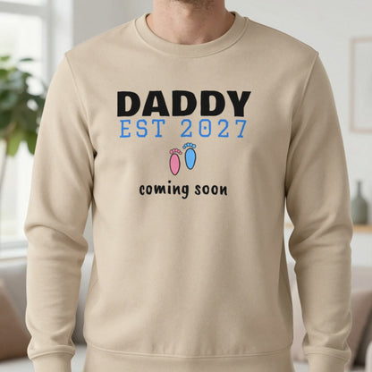 Personalised Daddy Est. 2027 T-Shirt Sweatshirt in Sand, worn, our photo