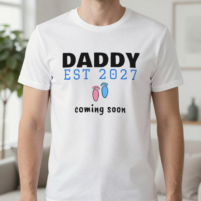 Personalised Daddy Est. 2027 T-Shirt T-Shirt in White, worn, our photo