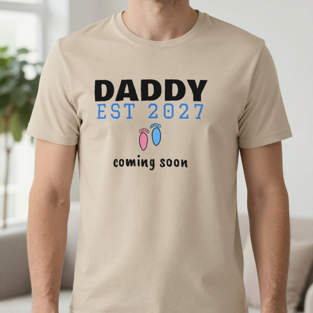 Personalised Daddy Est. 2027 T-Shirt T-Shirt in Sand, worn, our photo