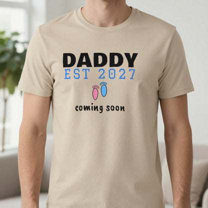 Personalised Daddy Est. 2027 T-Shirt T-Shirt in Sand, worn, our photo
