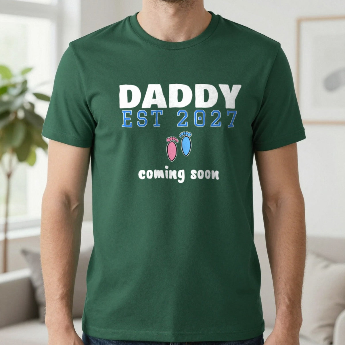 Personalised Daddy Est. 2027 T-Shirt T-Shirt in Forest Green, worn, our photo