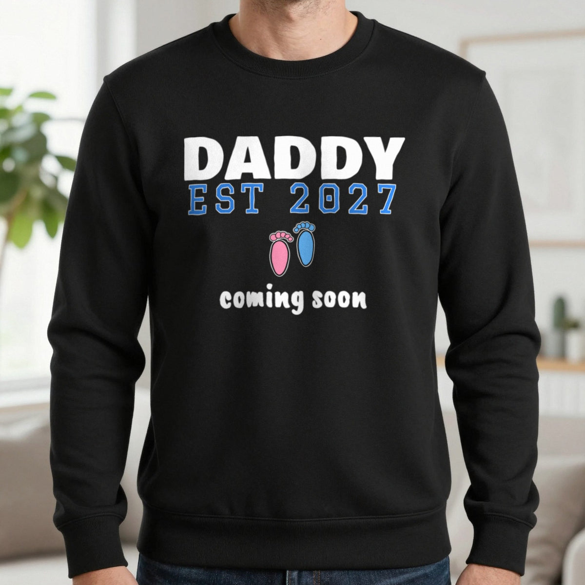 Personalised Daddy Est. 2027 T-Shirt Sweatshirt in Black, worn, our photo