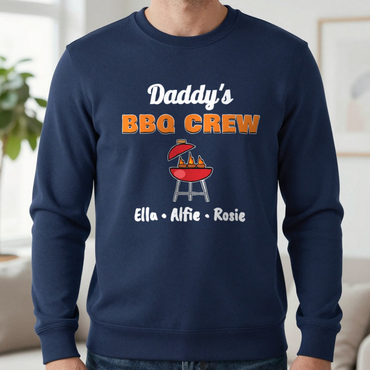 Personalised Daddy's BBQ Crew T-Shirt & Sweatshirt Sweatshirt in Navy, worn, our photo