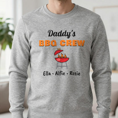 Personalised Daddy's BBQ Crew T-Shirt & Sweatshirt Sweatshirt in Sport Grey, worn, our photo
