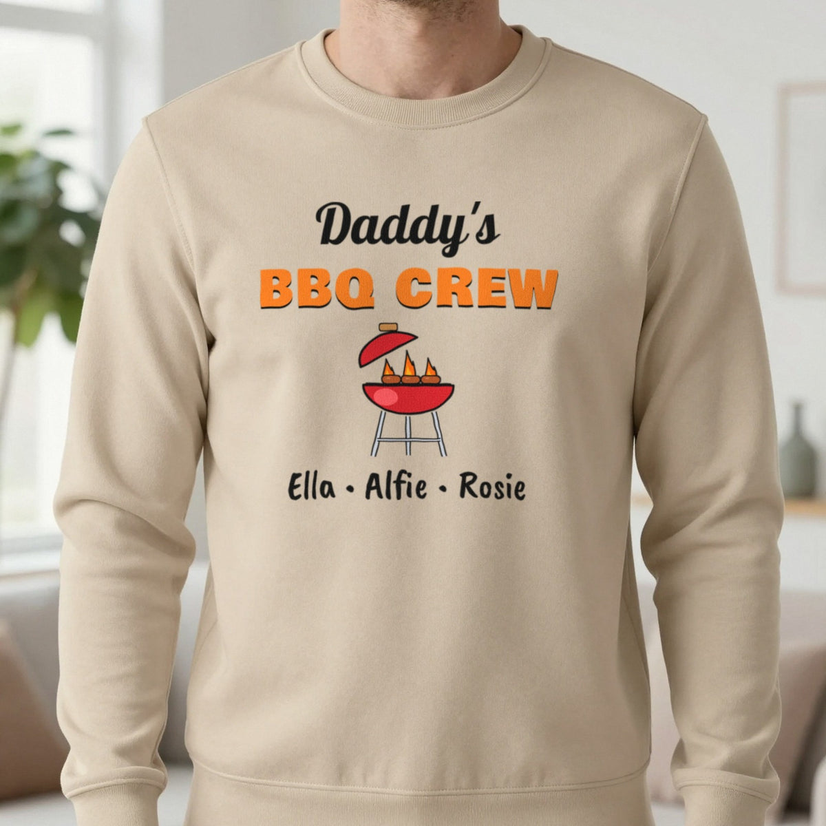 Personalised Daddy's BBQ Crew T-Shirt & Sweatshirt Sweatshirt in Sand, worn, our photo