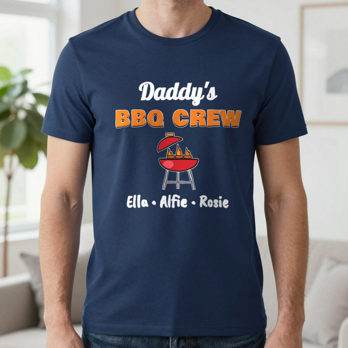 Personalised Daddy's BBQ Crew T-Shirt & Sweatshirt T-Shirt in Navy, worn, our photo