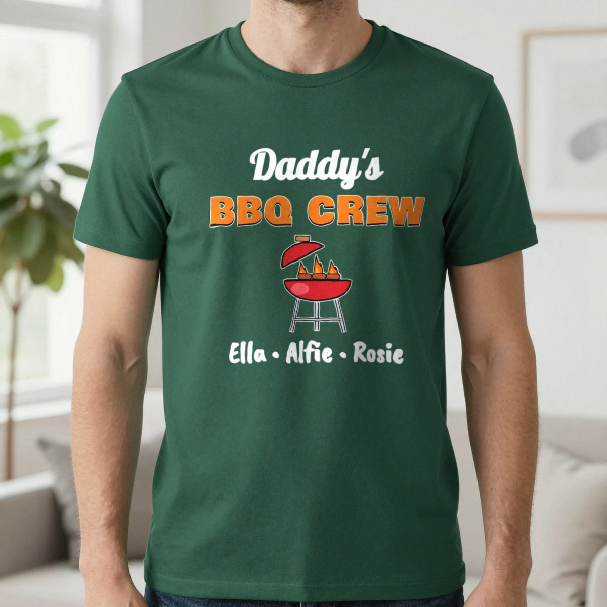 Personalised Daddy's BBQ Crew T-Shirt & Sweatshirt T-Shirt in Forest Green, worn, our photo