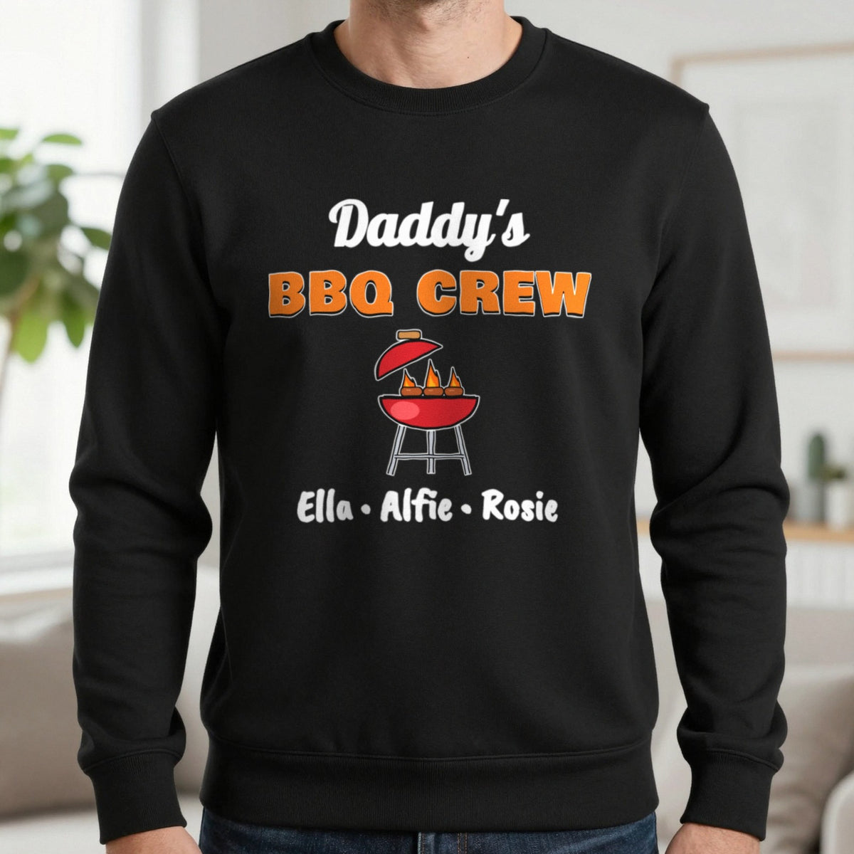 Personalised Daddy's BBQ Crew T-Shirt & Sweatshirt Sweatshirt in Black, worn, our photo