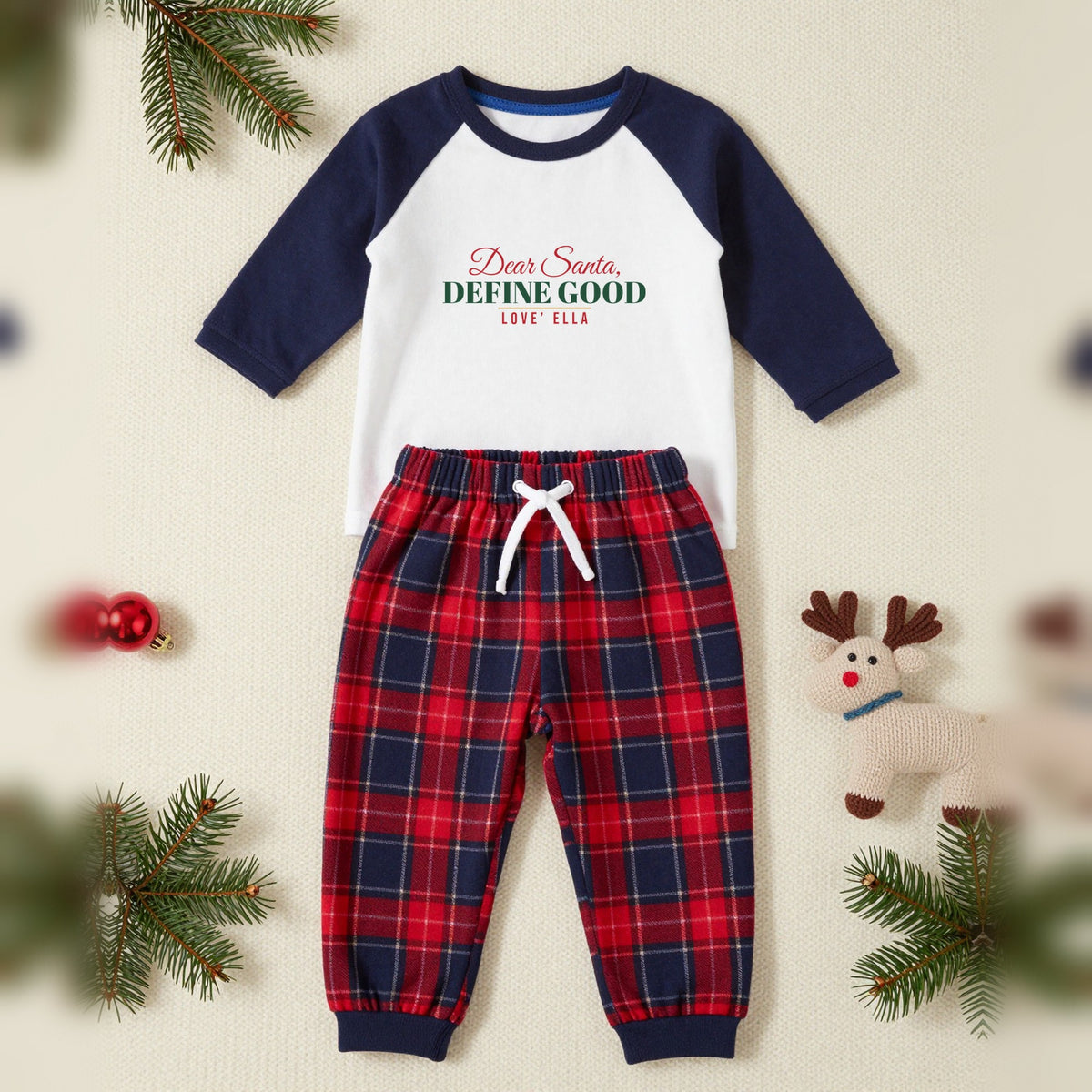 Dear Santa Define Good Personalised Matching Family Christmas Pyjamas Set, Baby & Toddler in Red Tartan, our photo