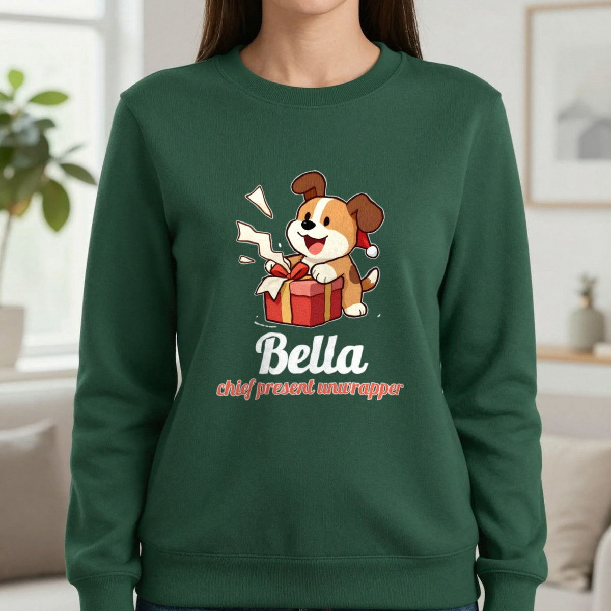 Personalised Chief Present Unwrapper Dog Christmas Jumper & T-Shirt Sweatshirt in Forest Green, worn, our photo