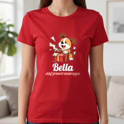 Personalised Chief Present Unwrapper Dog Christmas Jumper & T-Shirt T-Shirt in Red, worn, our photo