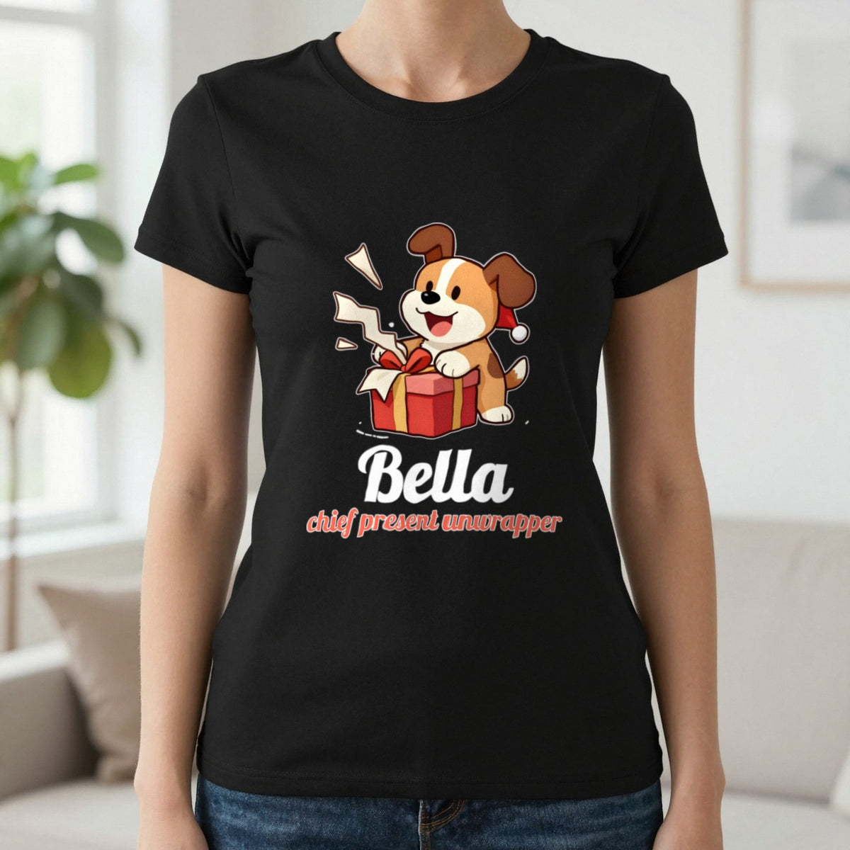 Personalised Chief Present Unwrapper Dog Christmas Jumper & T-Shirt T-Shirt in Black, worn, our photo