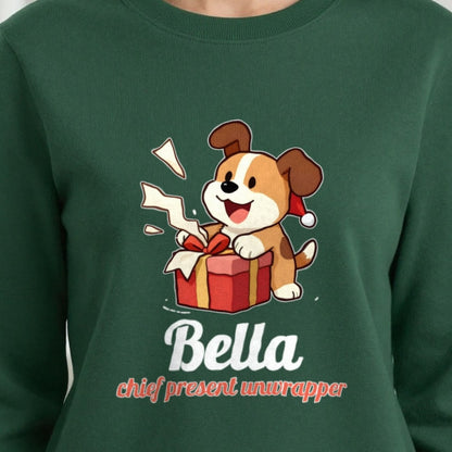 Personalised Chief Present Unwrapper Dog Christmas Jumper & T-Shirt print close-up, our photo