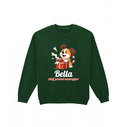 Personalised Chief Present Unwrapper Dog Christmas Jumper & T-Shirt laid flat