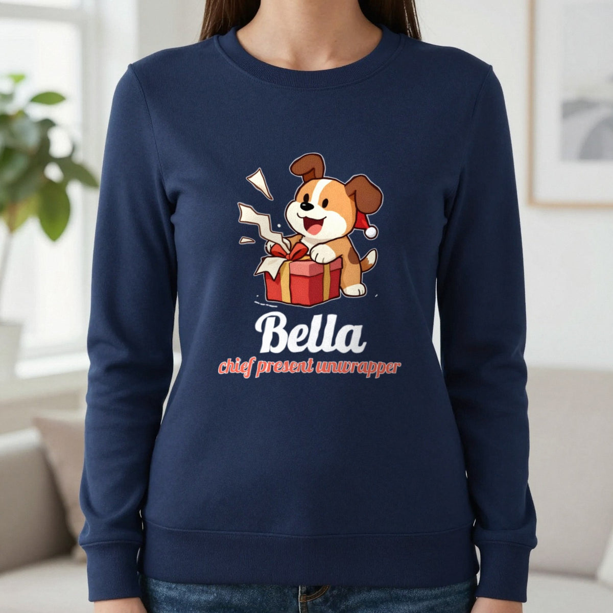 Personalised Chief Present Unwrapper Dog Christmas Jumper & T-Shirt Sweatshirt in Navy, worn, our photo