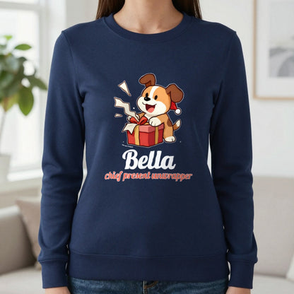 Personalised Chief Present Unwrapper Dog Christmas Jumper & T-Shirt Sweatshirt in Navy, worn, our photo