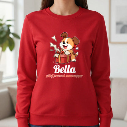 Personalised Chief Present Unwrapper Dog Christmas Jumper & T-Shirt Sweatshirt in Red, worn, our photo