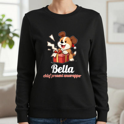 Personalised Chief Present Unwrapper Dog Christmas Jumper & T-Shirt Sweatshirt in Black, worn, our photo