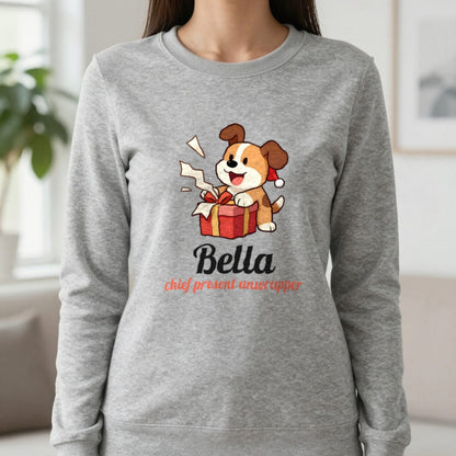Personalised Chief Present Unwrapper Dog Christmas Jumper & T-Shirt Sweatshirt in Sport Grey, worn, our photo