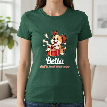 Personalised Chief Present Unwrapper Dog Christmas Jumper & T-Shirt T-Shirt in Forest Green, worn, our photo