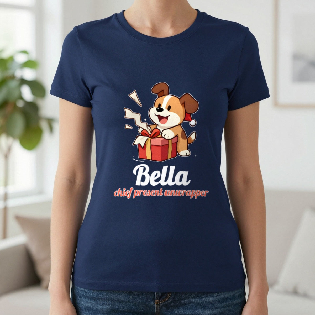 Personalised Chief Present Unwrapper Dog Christmas Jumper & T-Shirt T-Shirt in Navy, worn, our photo
