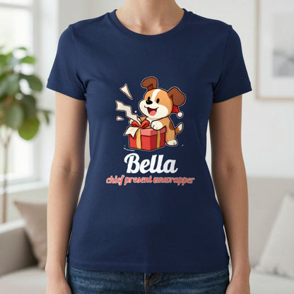 Personalised Chief Present Unwrapper Dog Christmas Jumper & T-Shirt T-Shirt in Navy, worn, our photo