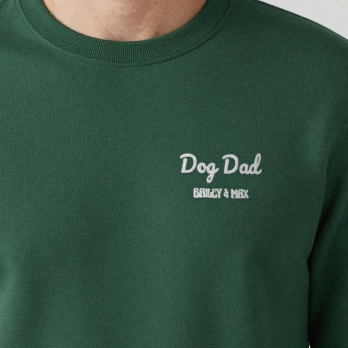 Dog Dad T-Shirt with Dog Names, adult sweatshirt in forest green, embroidered
