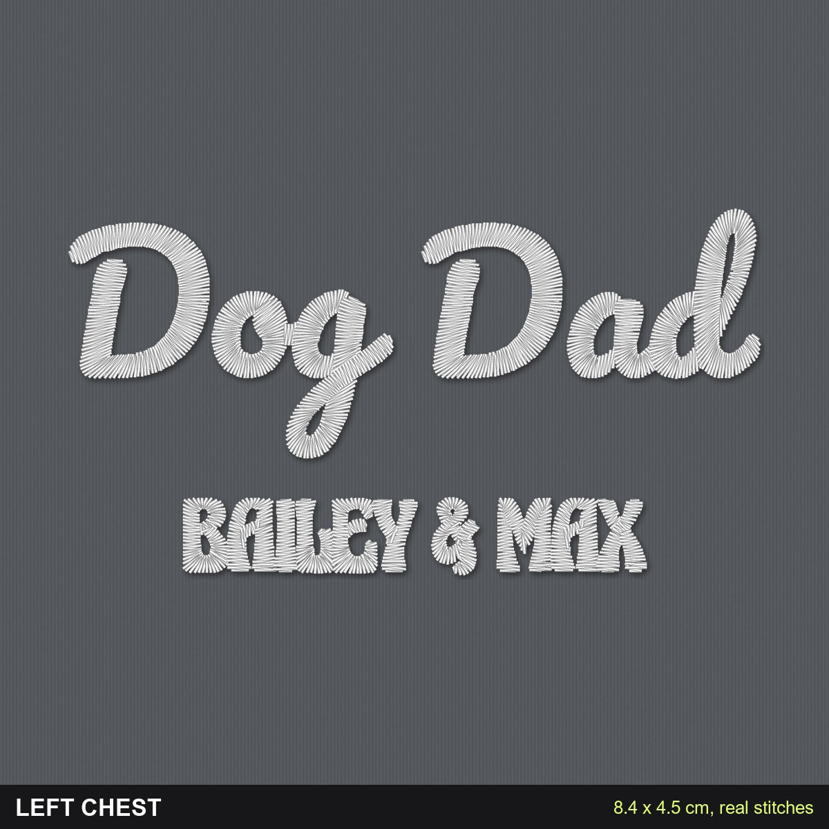 Dog Dad T-Shirt with Dog Names: close-up of the real stitches with sizes