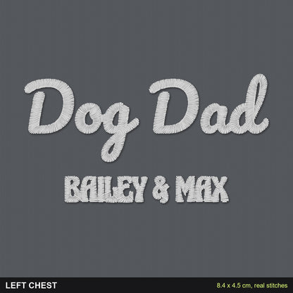 Dog Dad T-Shirt with Dog Names: close-up of the real stitches with sizes