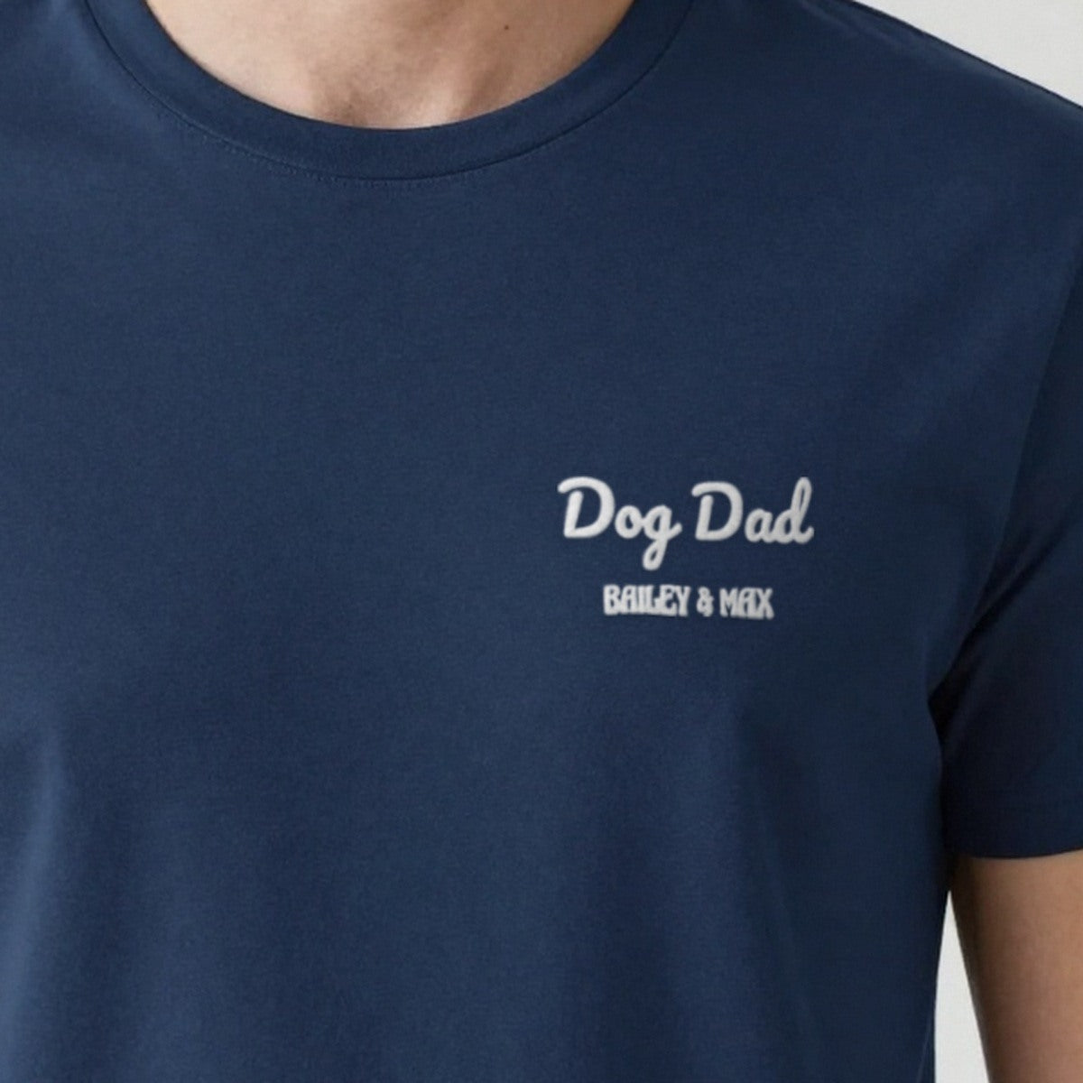 Dog Dad T-Shirt with Dog Names, adult t-shirt in navy, embroidered
