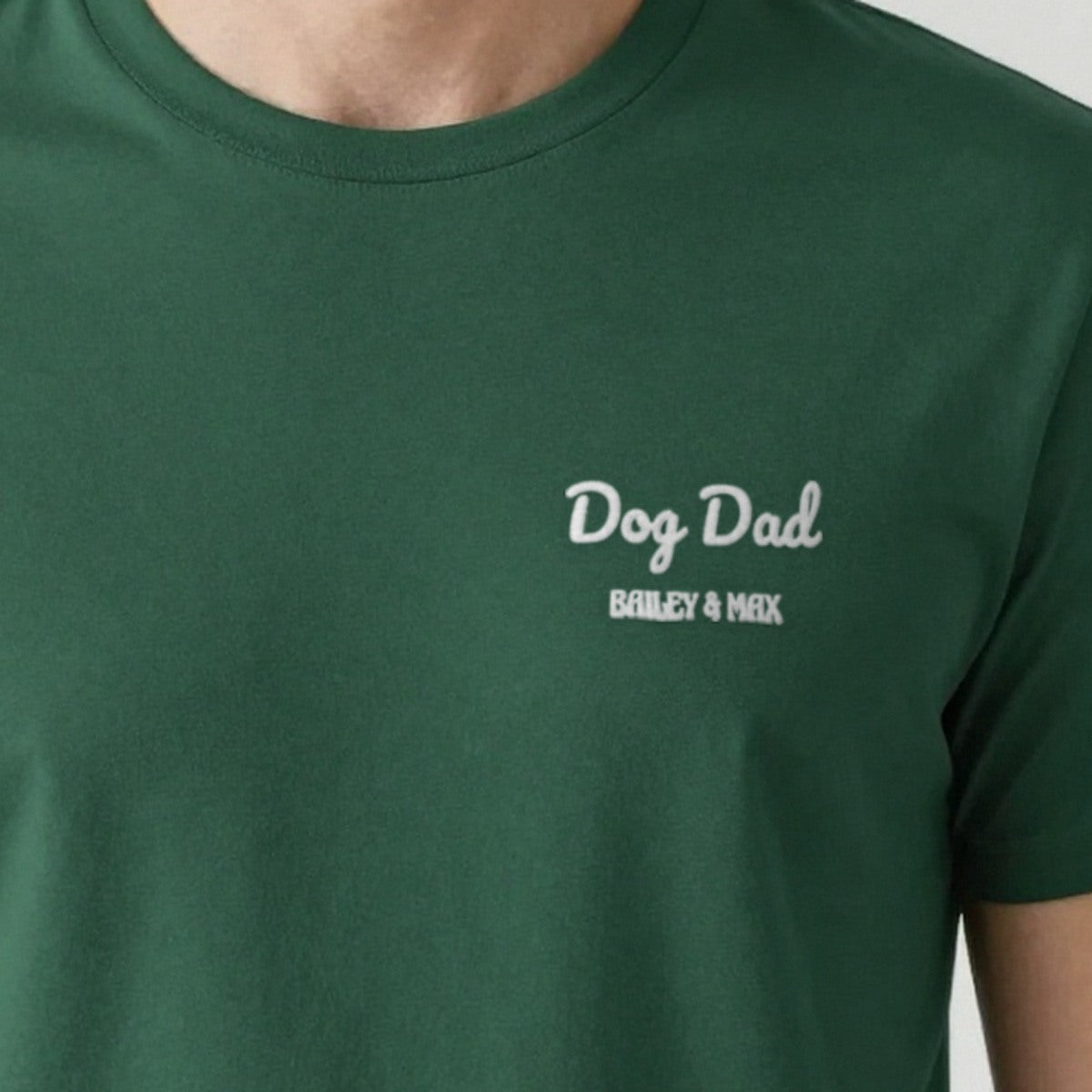 Dog Dad T-Shirt with Dog Names, adult t-shirt in forest green, embroidered